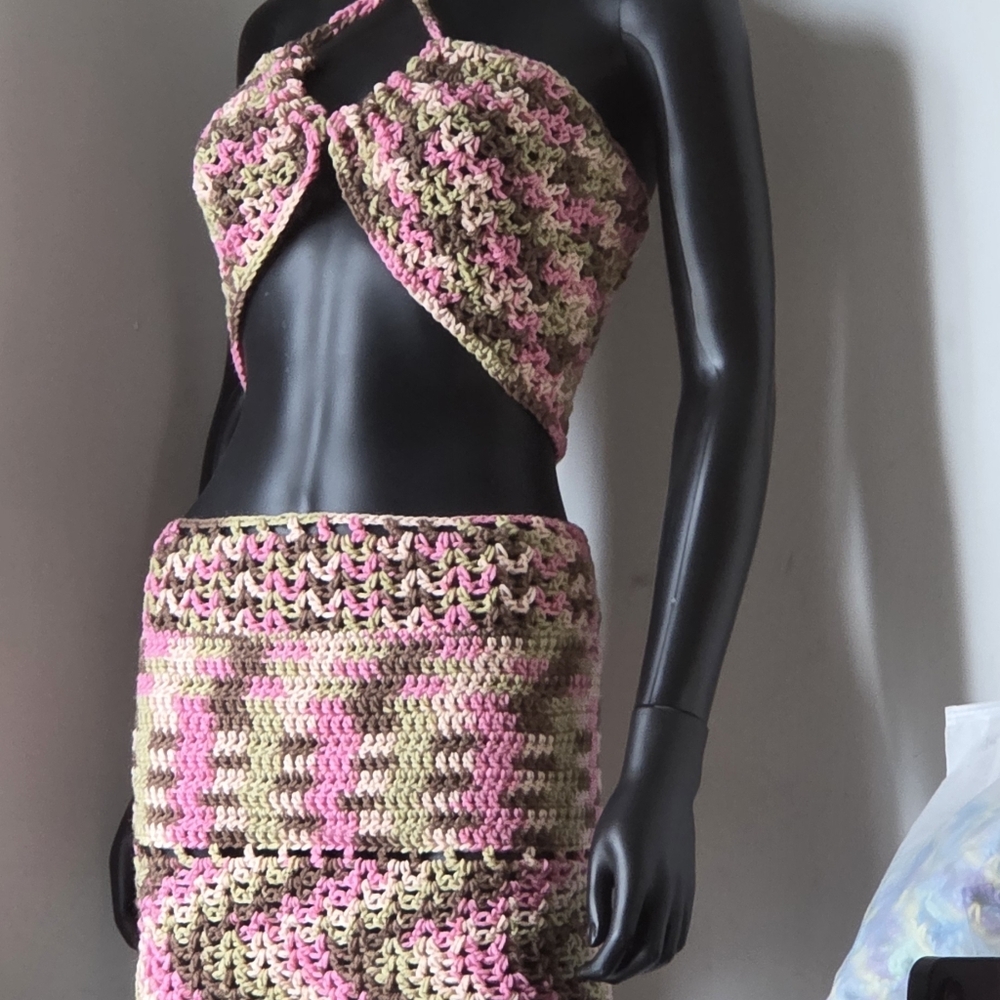 Crochet Mini Skirt in Pink & Tan Dress
